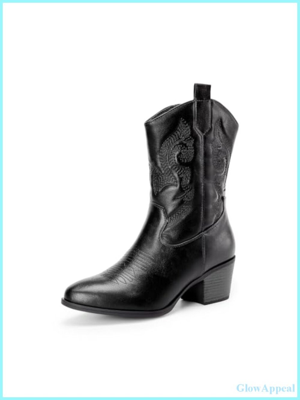 Mid Calf Western Cowboy Boots Faux Leather Cuban Heel Embroidered